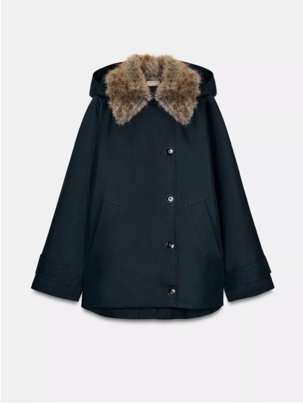 ZARA NAVY BLUE FAUX FUR COLLAR TRENCH COAT